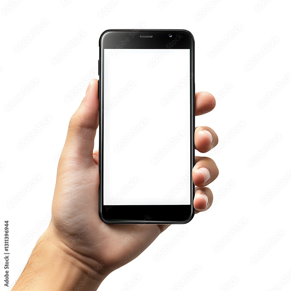Hand holding mobile smartphone with blank screen isolated on white background Hand holding mobile smartphone with blank screen isolated on white background