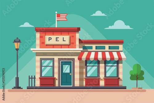A vibrant post office building featuring a flag, a striped awning, and decorative elements in a sunny setting, Post office Customizable Semi Flat Illustration