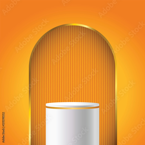 Yellow background Gold cylinder strip stand podium 3D background with arch gate. Luxury minimal wall scene mockup product stage showcase, Banner promotion display. Abstract vector geometric forms.