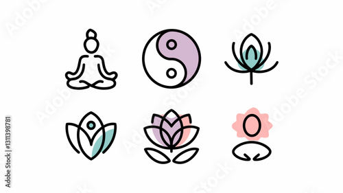 Yoga and Meditation Vector Icon Set with Lotus, Yin Yang, and Mindfulness Symbols for Wellness and Spirituality Graphics