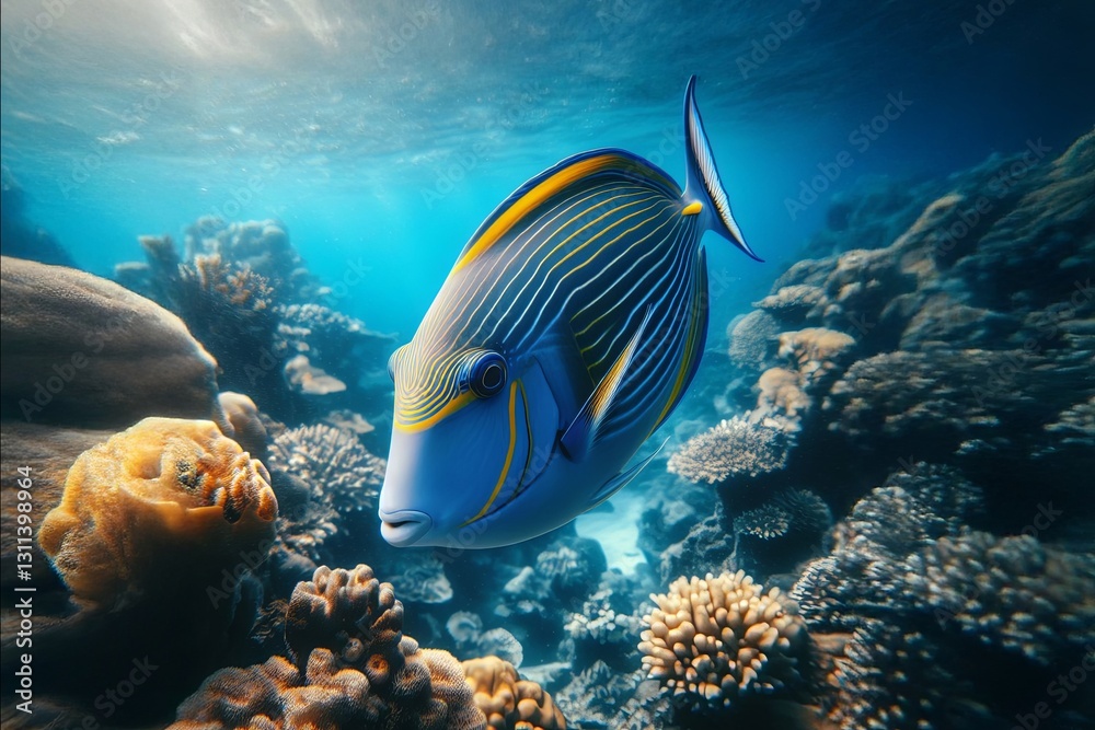 Fototapeta premium Vibrant Underwater Scene: A colorful fish swims gracefully in a sunlit coral reef, capturing the beauty of marine life.