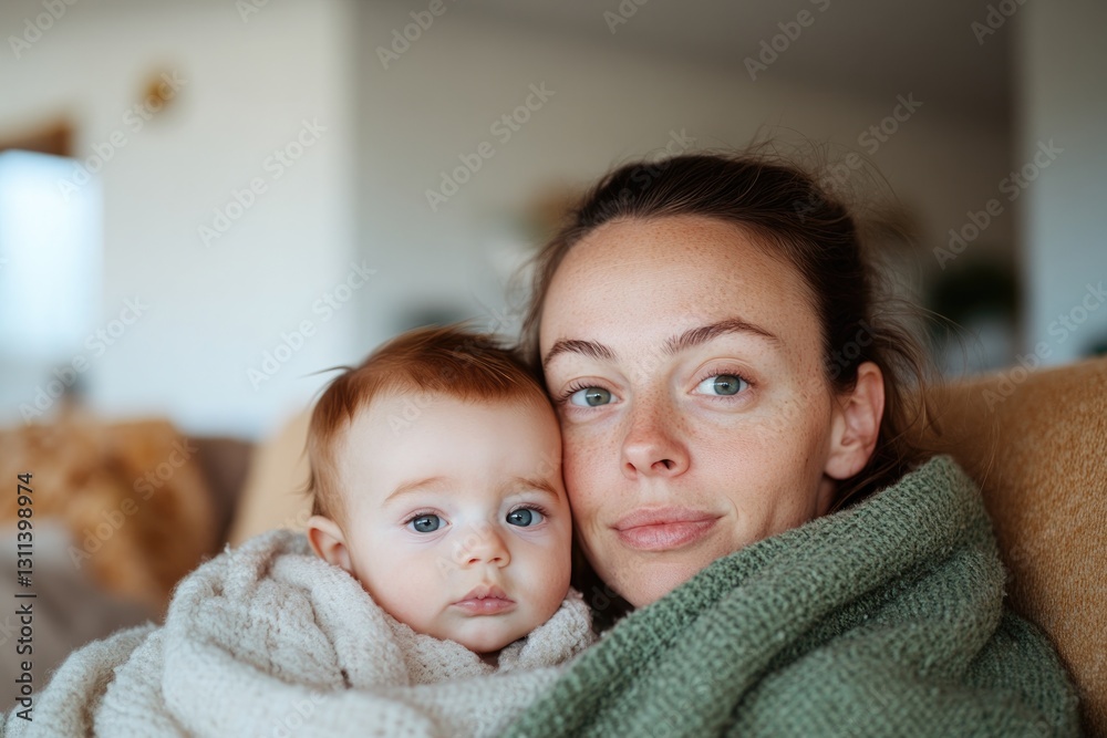 Warm embrace between mother and baby, both wrapped in soft blank Warm embrace between mother and baby, both wrapped in soft blank
