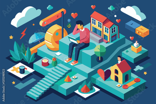 A person engages with digital tools in a vibrant landscape, exploring options for PTSD management, Post-traumatic stress disorder Customizable Isometric Illustration
