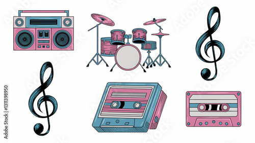 Music Icons Vector Set: Retro Boombox, Drums, Cassette Tapes, and Musical Notes - Perfect for Music, Audio, and Creative Projects