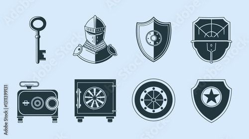 Vector Icon Set of Security Symbols: Key, Shield, Safe, Lock, and Guard Illustrations for Protection and Safety Designs