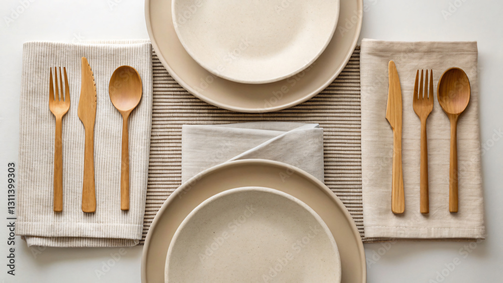 Elegant Table Setting with Natural Dinnerware and Eco-Friendly Cutlery Arrangement Elegant Table Setting with Natural Dinnerware and Eco-Friendly Cutlery Arrangement