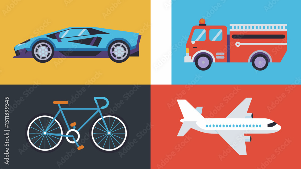 Naklejka premium Vector Icon Set of Cars, Fire Truck, Bicycle, and Airplane for Transportation Graphics, Travel Designs, and Creative Projects
