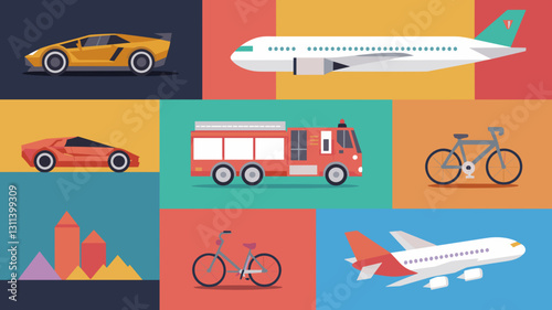 Vector Icon Set of Transport Vehicles: Cars, Airplanes, Bicycles, Fire Trucks, and More for Graphic Design, Infographics, and Presentations