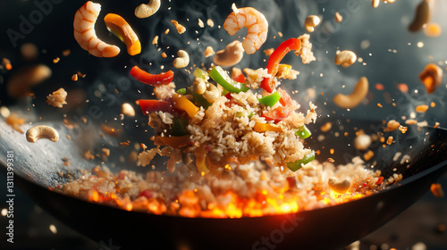 Fried rice with shrimp, vegetables, and nuts tossed in a wok
