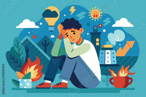 A person seated with a distressed expression, surrounded by symbols of anxiety and stress in a vibrant setting, Post-traumatic stress disorder Customizable Semi Flat Illustration