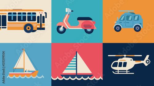 Transport Vector Icon Set: Bus, Scooter, Car, Sailboat, Helicopter Graphics for Web and Print Design - Creative Transportation Icons Collection