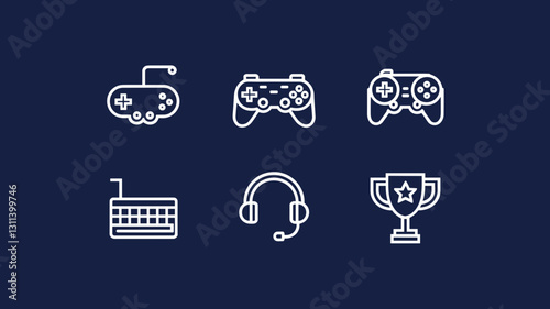 Gaming Vector Icons Set: Joysticks, Consoles, Headsets, Keyboard, and Trophies for Game Design, eSports, and Digital Content Creation