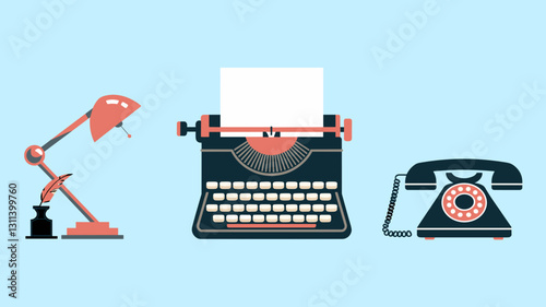 Vector Icon Set Featuring Vintage Typewriter, Retro Telephone, and Desk Lamp for Creative Projects and Digital Design
