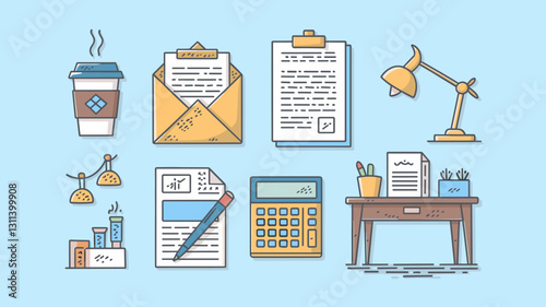 Office Vector Icon Set: Stylish Work Tools, Coffee, Desk, Lamp, Paperwork, and Calculator for Professional Designs and Creative Projects