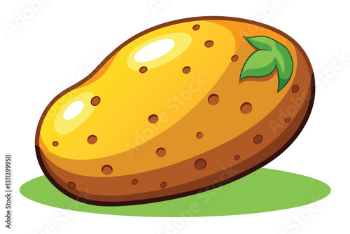 A cheerful, stylized potato with a shiny surface and a leaf rests on a patch of green grass, Potato illustration