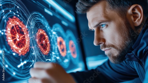 Man With Intense Focus On Digital Red Interface Display