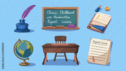 Vector Icon Set of School Supplies, Blackboard, Desk, Globe, Report Card, Writing Tools for Education and Classroom Design, Teaching Resources and Illustrations