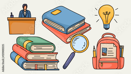 Vector Icon Set of Education and Learning Themes Featuring Books, Magnifying Glass, Teacher, Light Bulb, and School Backpack for Creative Projects