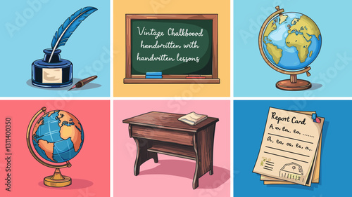 Vector Icon Set for Education: Vintage School Tools, Globe, Blackboard, Pen, and Report Card Designs for Back to School and Classroom Themes