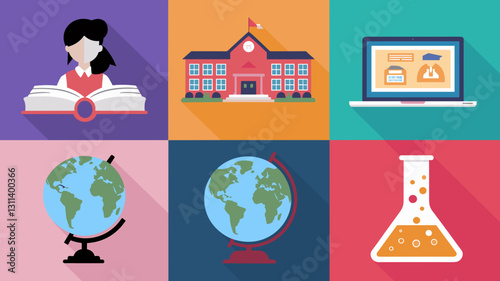 Vector Icon Set for Education, School, Online Learning, Science, Geography, and Study Resources - Ideal for Educational Design Projects