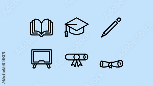 Education Vector Icon Set: Graduation Cap, Open Book, Diploma, Teacher, Pencil, and Classroom Icons for Learning, School, and Academic Projects