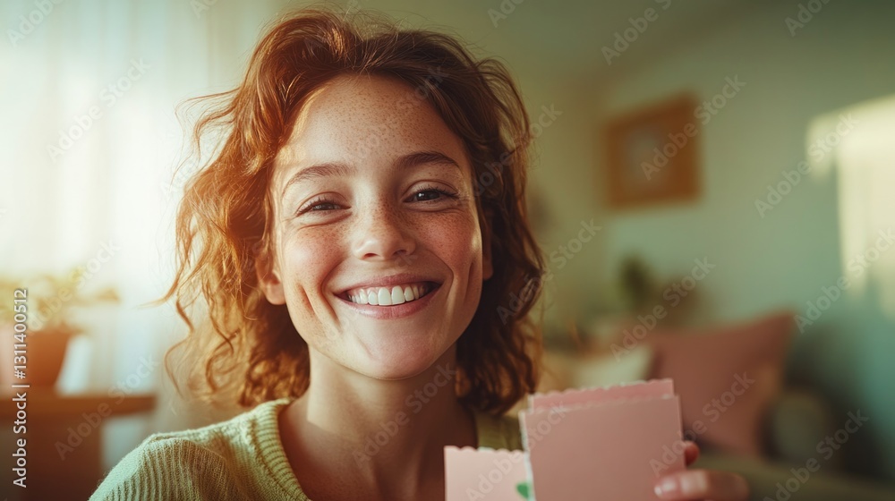 Brightly lit room showcases joyful woman holding colorful cards,