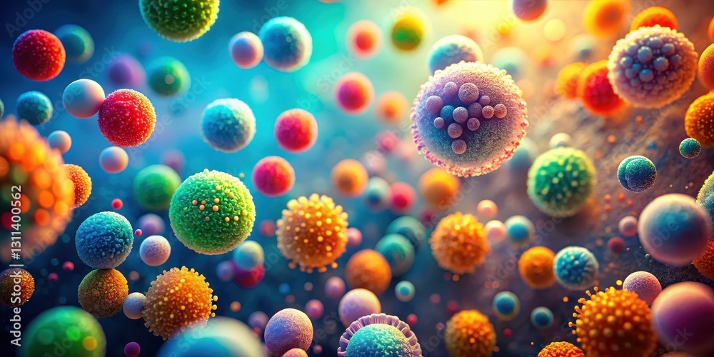 A vibrant microscopic view of colorful spherical particles, exhibiting intricate surface textures and diverse sizes, floating in a dynamic, luminous environment. A vibrant microscopic view of colorful spherical particles, exhibiting intricate surface textures and diverse sizes, floating in a dynamic, luminous environment.