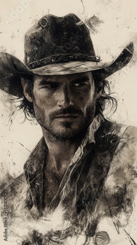 Portrait of a rugged cowboy outdoors.