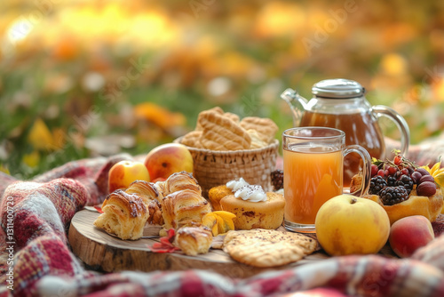 A classic picnic with friends, featuring a vibrant spread of sandwiches, fruits, and cold drinks on a large blanket in a scenic outdoor spot.