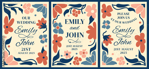 Hand-drawn floral templates in a natural, warm, earthy tone. Retro-inspired fully customizable save the date cards, wedding invitations, frames for copy space
