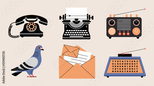 Vintage Communication Vector Icon Set: Telephone, Typewriter, Radio, Pigeon, Envelope for Retro Design Projects and Digital Media