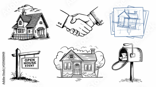 Real Estate Vector Icon Set for Open House Events, Home Buying, and Property Marketing - House, Handshake, Blueprints, and Mailbox Designs