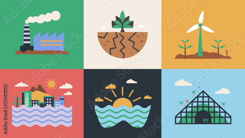 Vector Icon Set for Environmental Sustainability, Renewable Energy, Pollution Control, and Eco-Friendly Practices in Modern Graphic Design