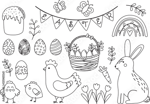 Doodle set with Easter elements and animals. Linear illustration of  basket with eggs, chicken, chicks, rabbit, plants, easter cake and eggs	