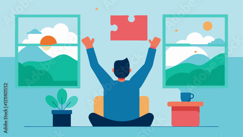 That Moment When You Find the Last Piece of a Puzzle An adult sits at a table arms outstretched in triumph as they hold the final puzzle piece above a completed puzzle. The puzzle