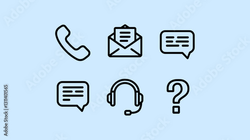 Communication Icons Vector Set for Customer Support, Contact, Messaging, and Help Services - Telephone, Email, Chat, and FAQ Symbols