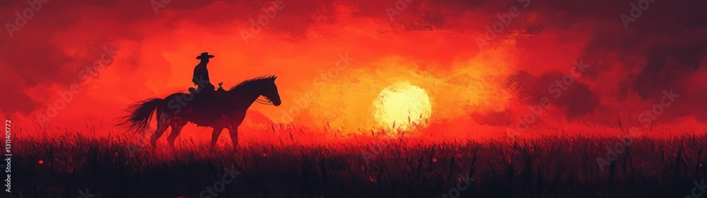 Fototapeta premium Silhouette of cowboy riding horse at sunset.