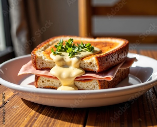 A French croque monsieur with ham, melted gruyère, and béchamel sauce on toasted bread. Generative AI