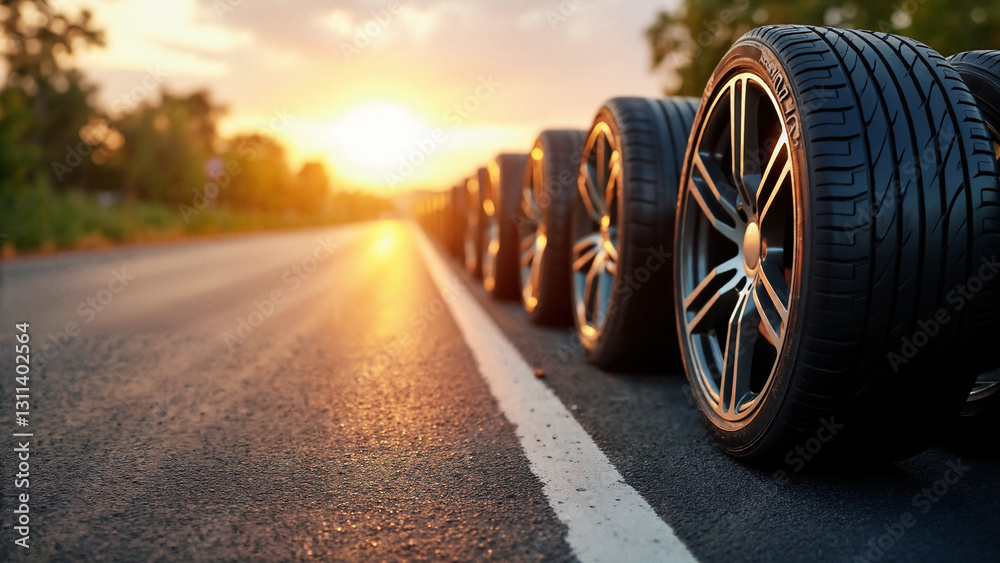 Vibrant Summer Tires on Sun-Drenched Asphalt Road: Perfect for Automotive Marketing and Seasonal Promotions Vibrant Summer Tires on Sun-Drenched Asphalt Road: Perfect for Automotive Marketing and Seasonal Promotions