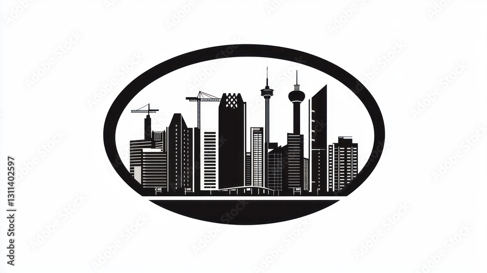 Fototapeta premium Silhouette of a city skyline, construction in progress, oval frame, illustration, for business use