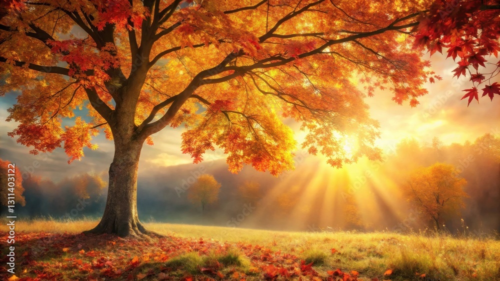 Fototapeta premium Autumnal Radiance Majestic Tree Bathed in Golden Sunlight, Serene Landscape with Fallen Leaves