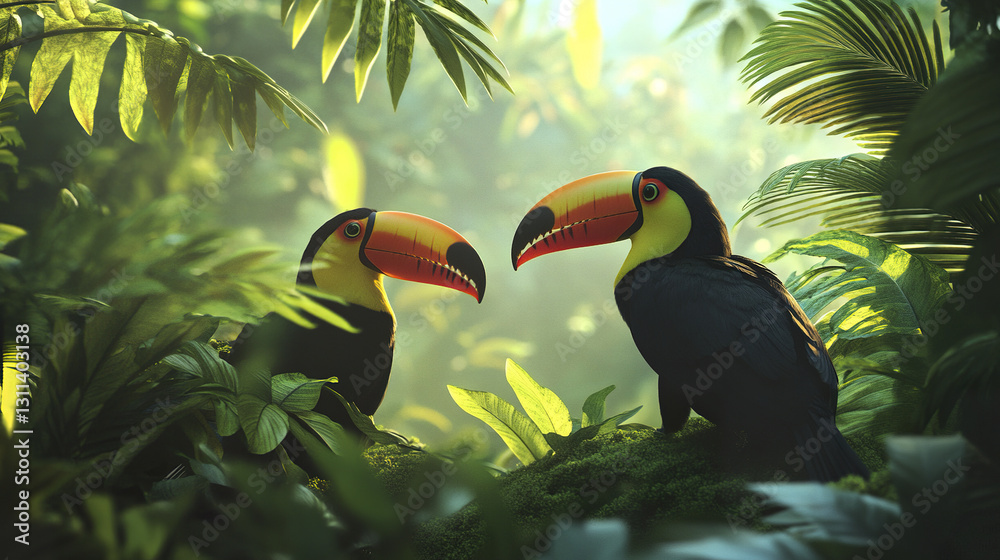 Fototapeta premium Two toucans perched in lush rainforest foliage