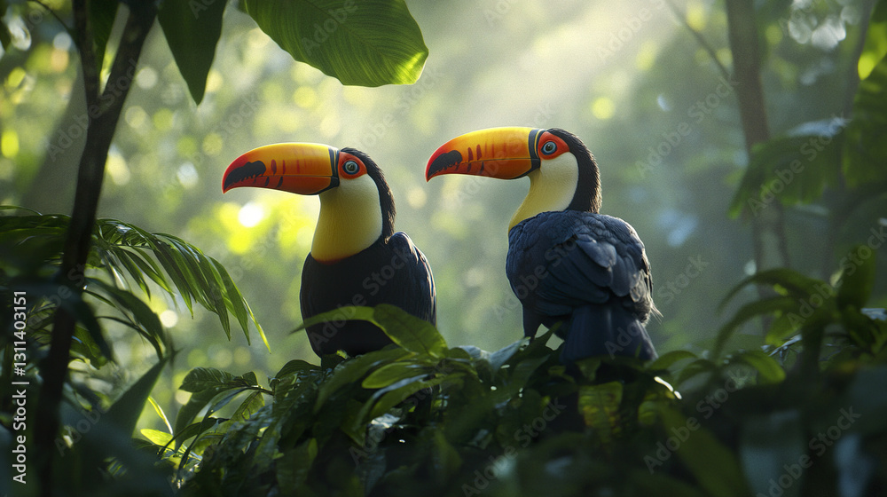 Fototapeta premium Pair of toucans gazing through thick rainforest foliage