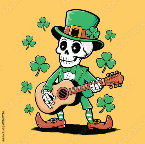 A cartoon skeleton leprechaun is playing an acoustic guitar while wearing a green top hat