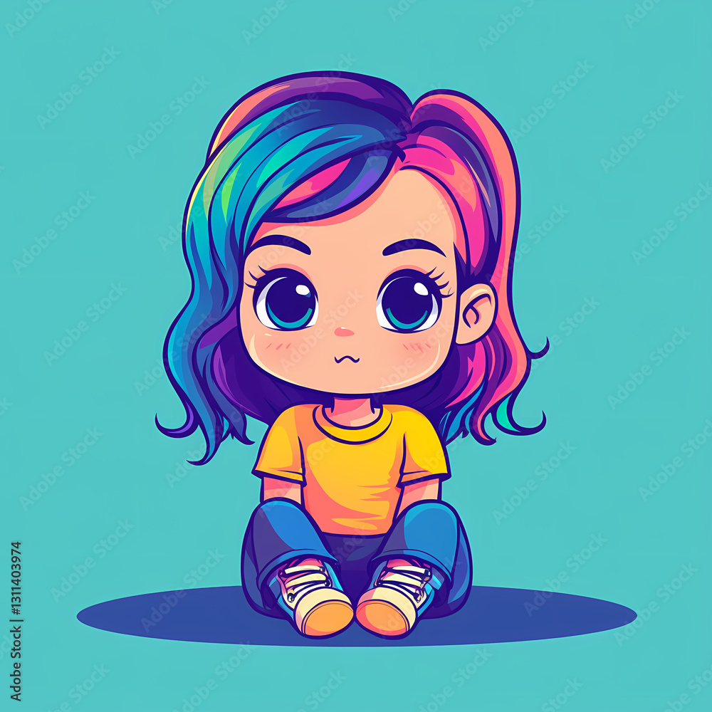 Naklejka premium Cute animated girl with colorful hair sitting against a bright background Generative AI