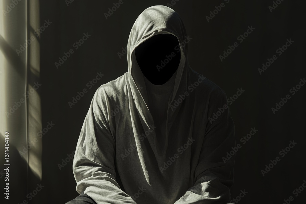 Mysterious Hooded Figure in Dim Light with Shadowy Background Mysterious Hooded Figure in Dim Light with Shadowy Background