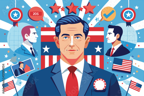 A dynamic illustration depicts presidential candidates in a colorful campaign setting with stars and symbols, Pre election campaign of presidential candidates,