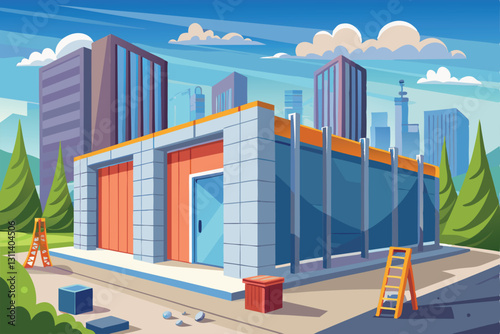 Workers are installing prefabricated concrete panels at a bustling urban construction site, Prefabricated Concrete Panel Installation in Animated Illustration