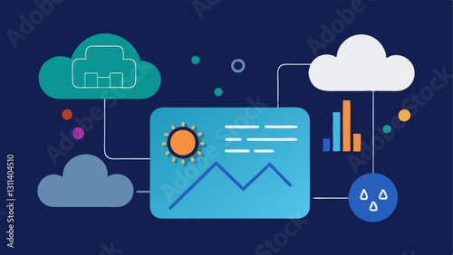 Weather Prediction Algorithms An AI interface predicting weather patterns with cloud icons sun graphics and rainfall forecasts displayed alongside a field being monitored.