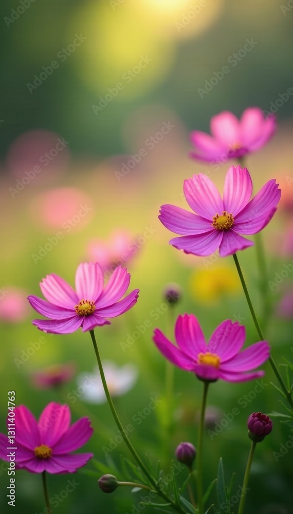 Vibrant cosmos flowers bloom in spring meadow , pastel, tranquil, garden Vibrant cosmos flowers bloom in spring meadow , pastel, tranquil, garden